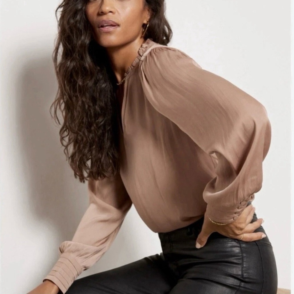 Evereve Tally Satin Blouse in Chanterelle - Ruffle Neck & Smocked Cuffs - Size M